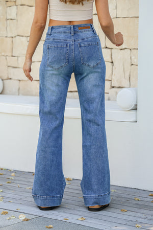 Front Pocket Stretch Wide Leg Jean - Mid Blue