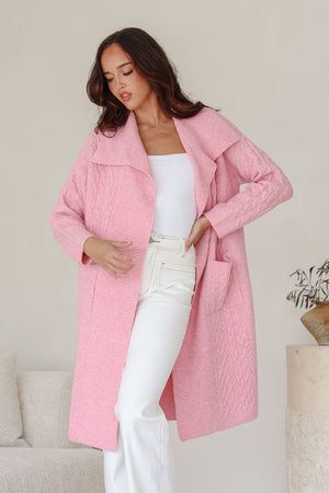 Cabled Long Pocket Cardigan - Pink