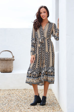St Barth Palm Tie Maxi Dress - Latte Black