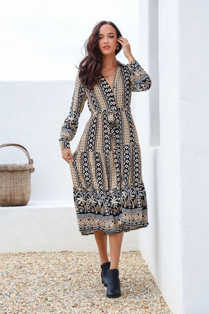 St Barth Palm Tie Maxi Dress - Latte Black
