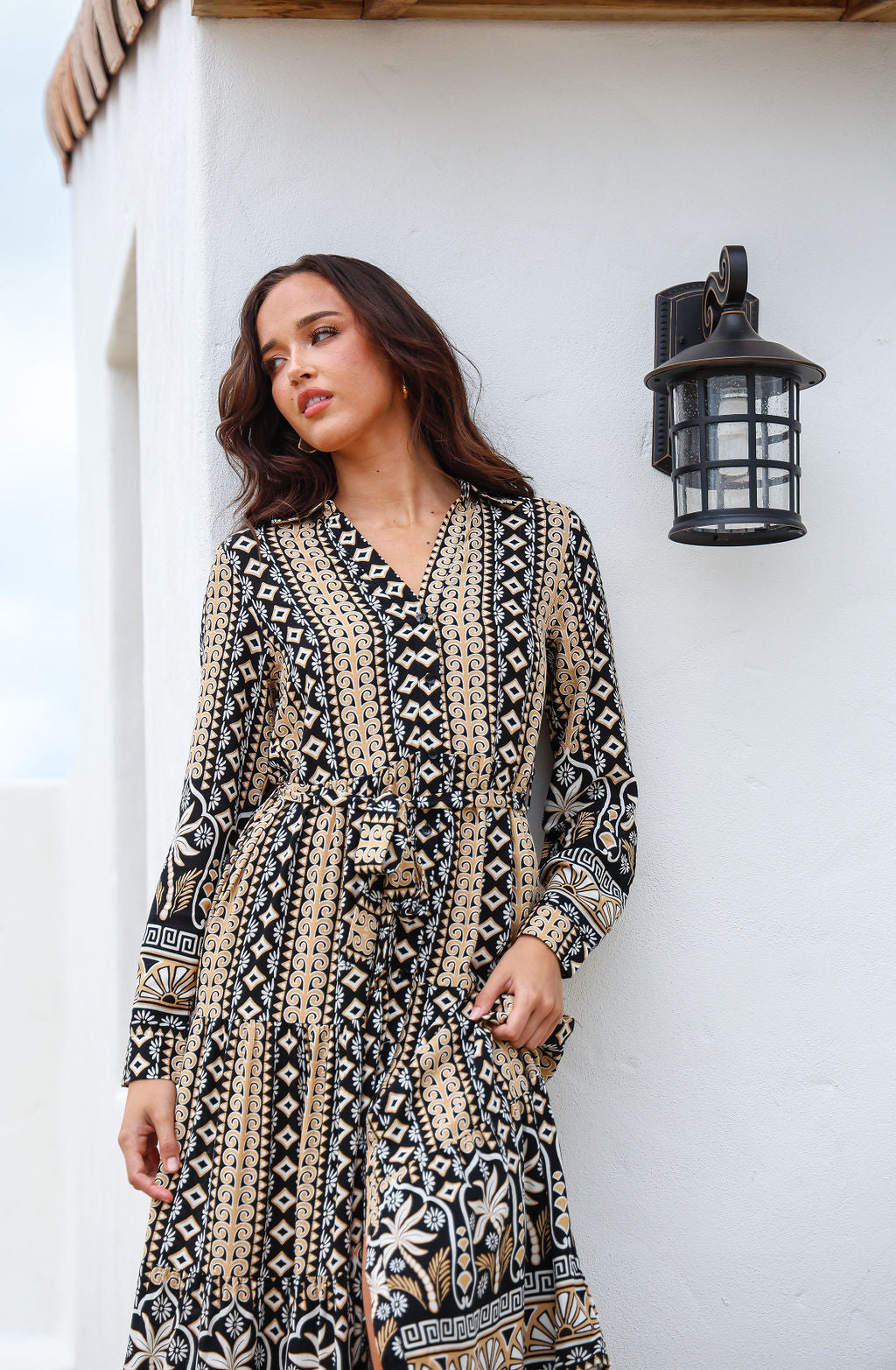 St Barth Palm Tie Maxi Dress - Latte Black