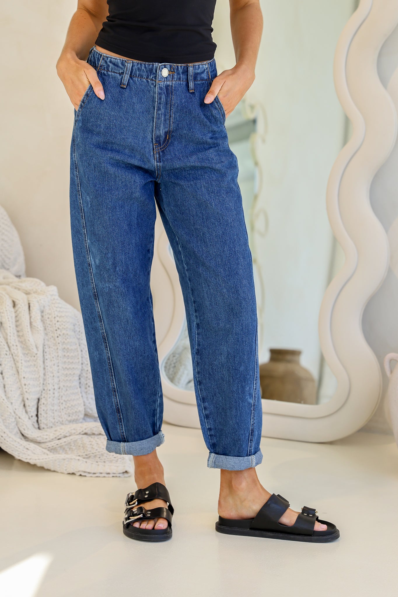 Cuffed Barrel Leg Jean - Mid Blue