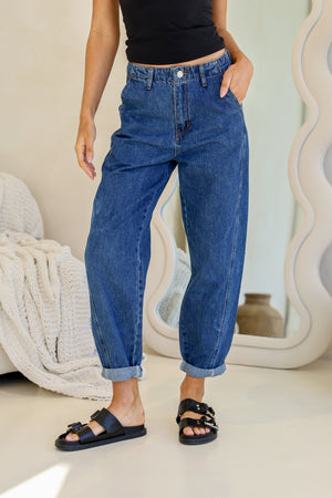 Cuffed Barrel Leg Jean - Mid Blue