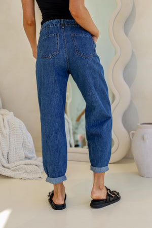 Cuffed Barrel Leg Jean - Mid Blue