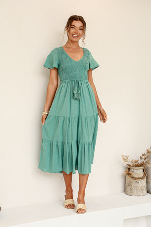 Isabella Shirred Drawstring Dress - Green