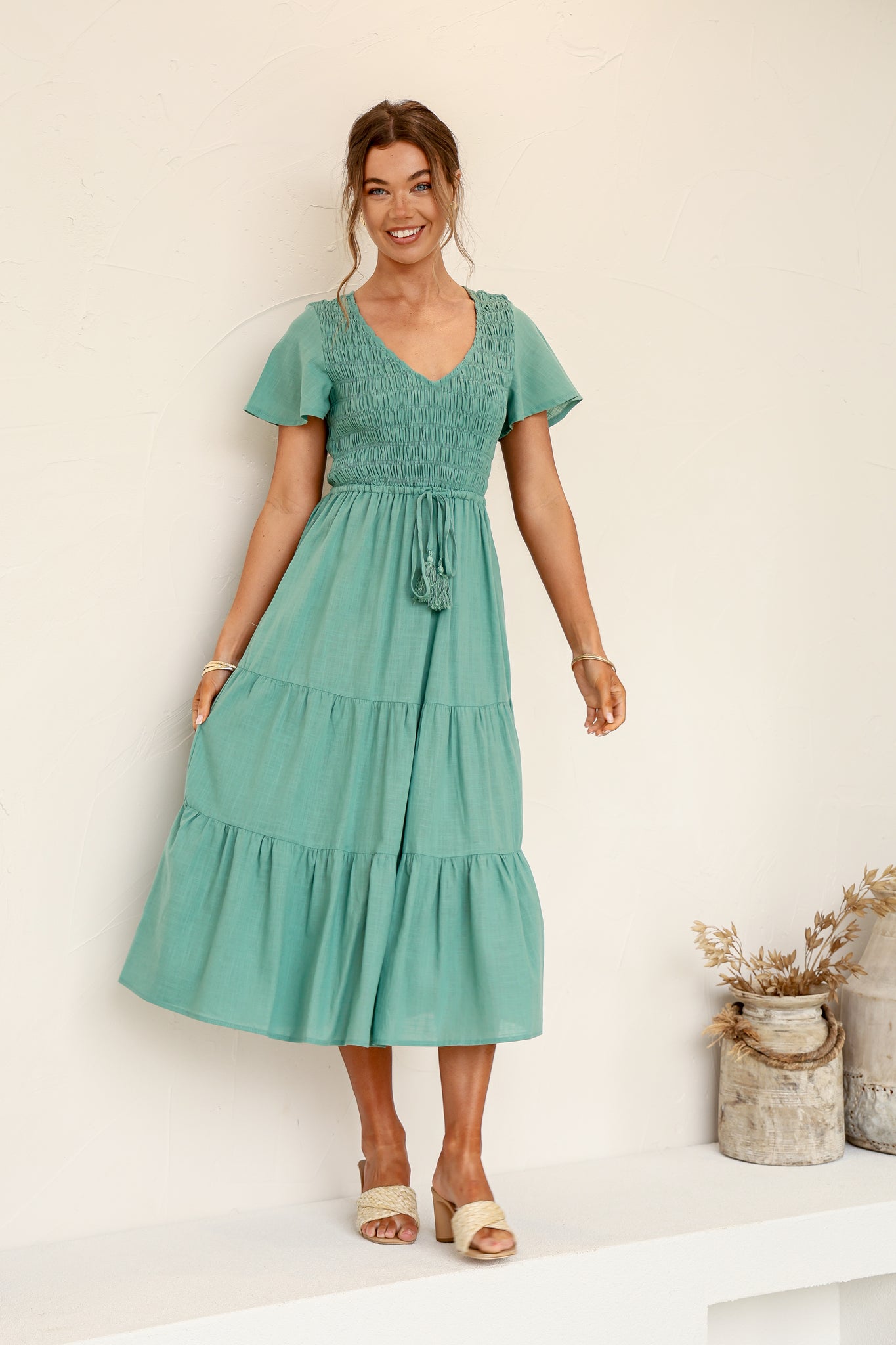 Isabella Shirred Drawstring Dress - Green