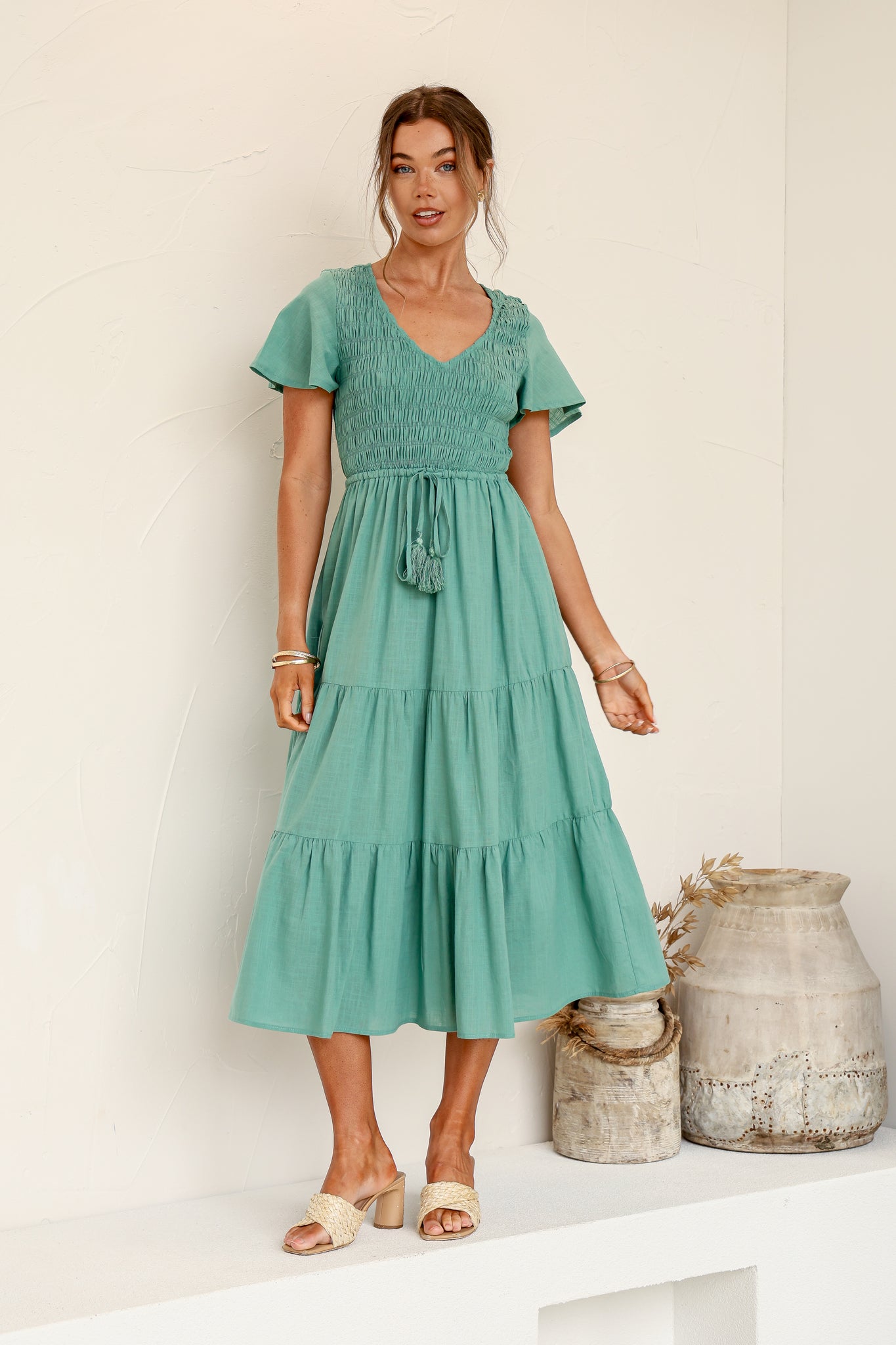 Isabella Shirred Drawstring Dress - Green