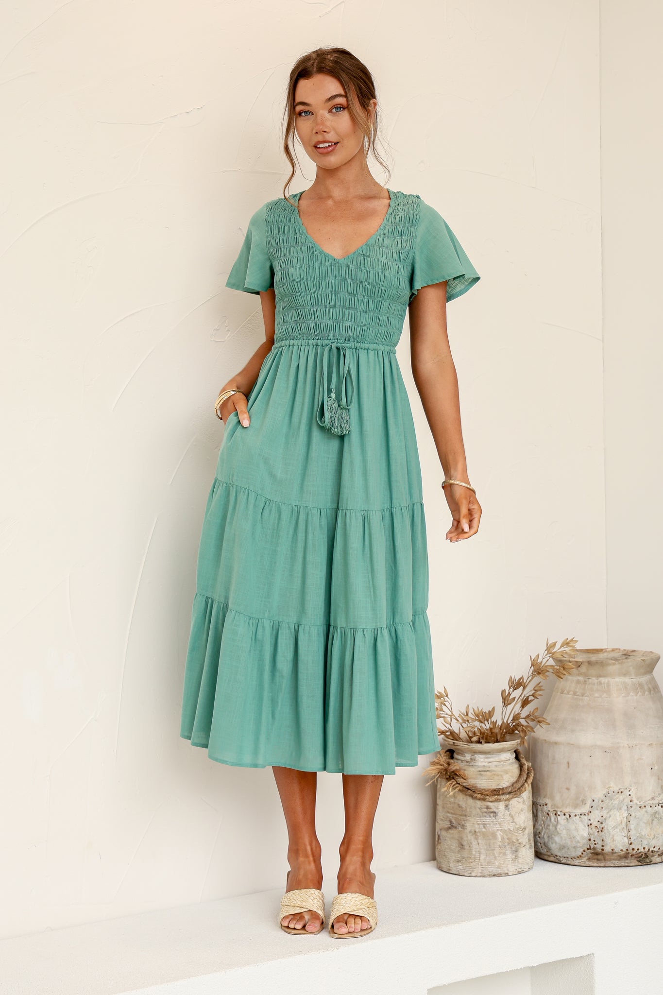 Isabella Shirred Drawstring Dress - Green