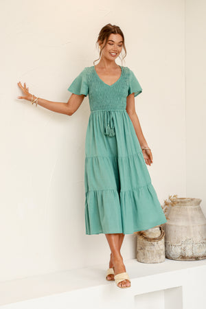 Isabella Shirred Drawstring Dress - Green