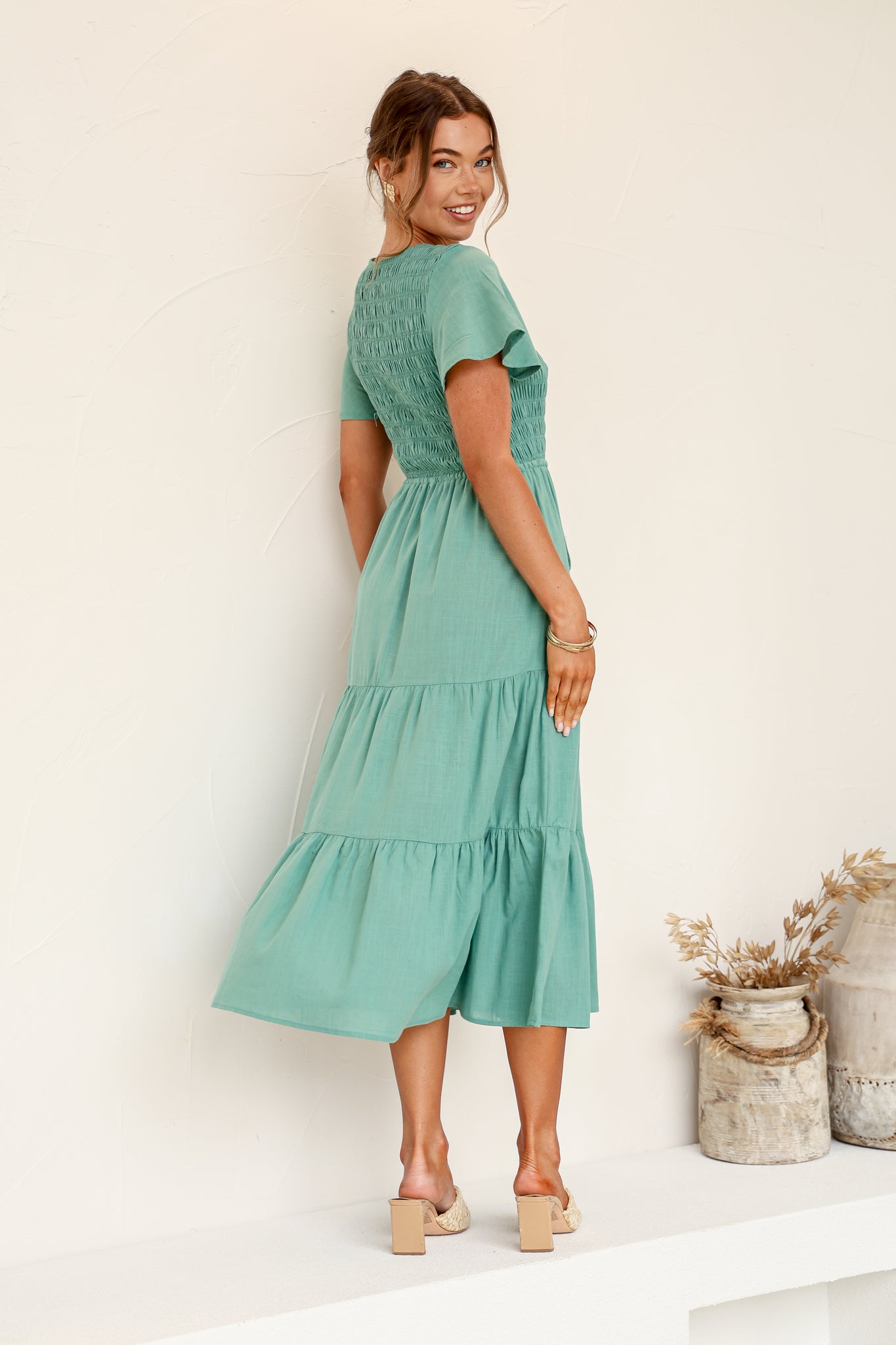 Isabella Shirred Drawstring Dress - Green