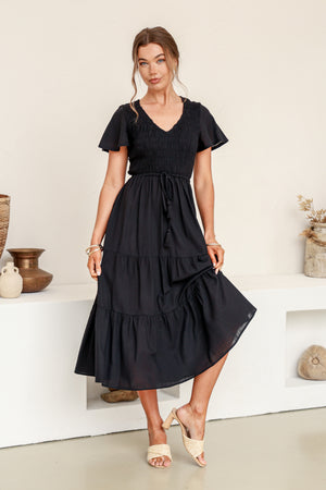 Isabella Shirred Drawstring Dress - Black