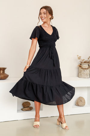 Isabella Shirred Drawstring Dress - Black