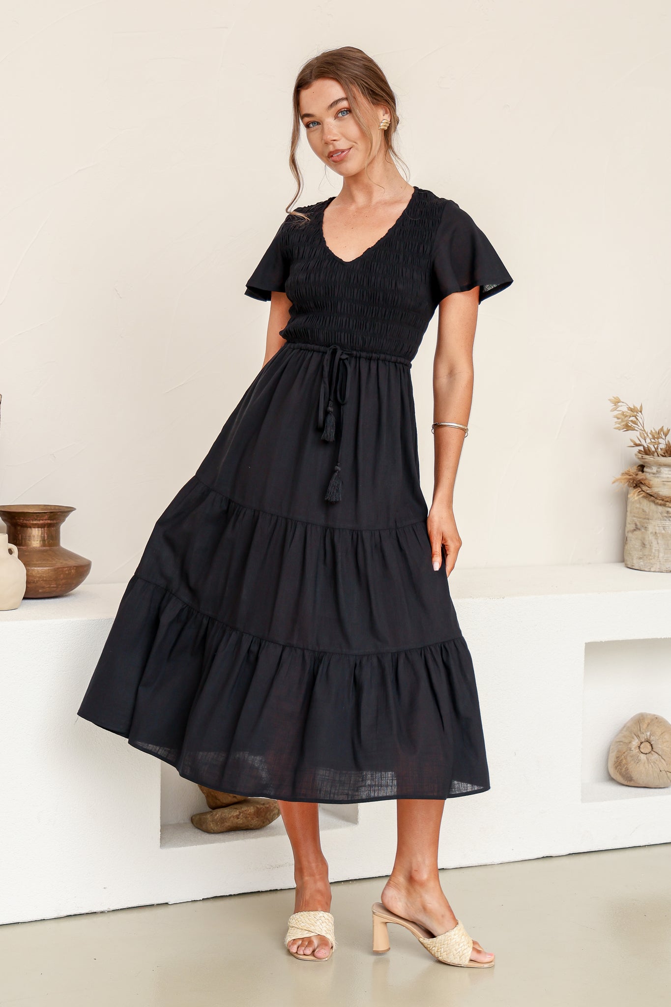 Isabella Shirred Drawstring Dress - Black