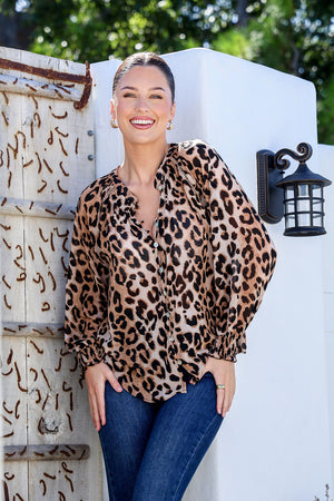 Shirred Cuff Button Top - Leopard