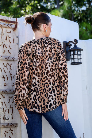 Shirred Cuff Button Top - Leopard