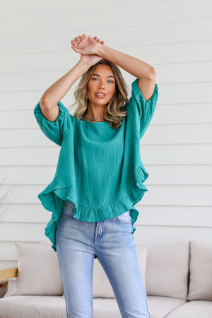 Balloon Sleeve Button Back Ruffle Top - Teal