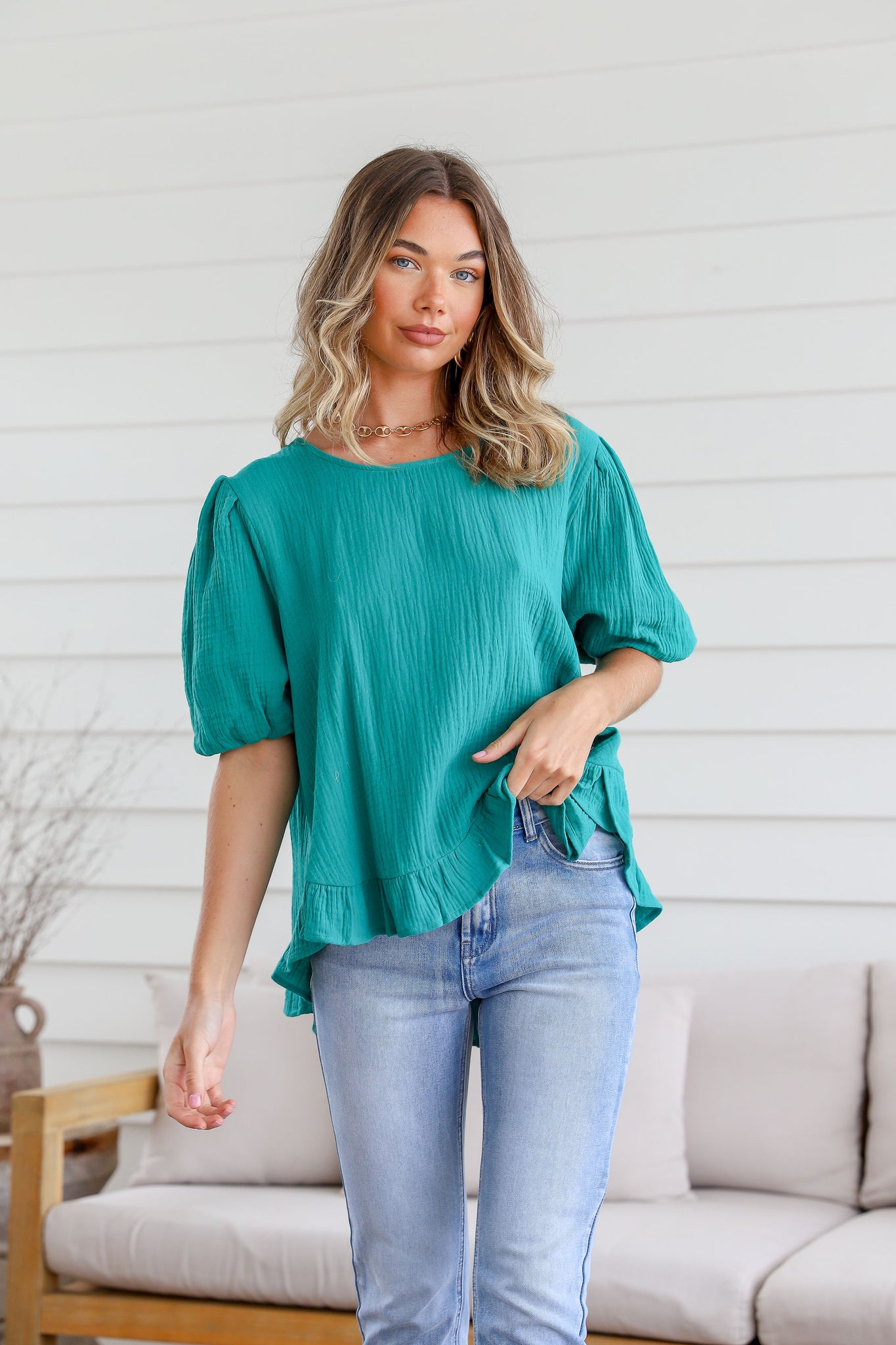 Balloon Sleeve Button Back Ruffle Top - Teal