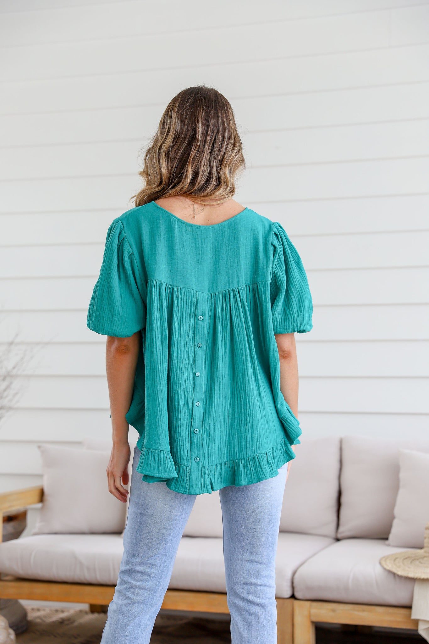 Balloon Sleeve Button Back Ruffle Top - Teal