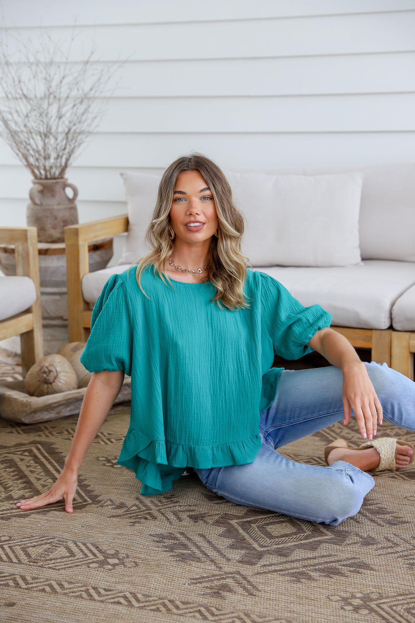 Balloon Sleeve Button Back Ruffle Top - Teal