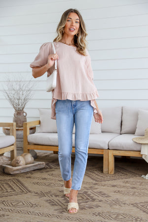 Balloon Sleeve Button Back Ruffle Top - Natural