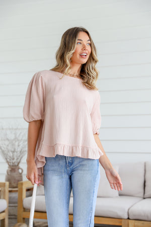 Balloon Sleeve Button Back Ruffle Top - Natural