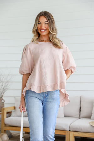 Balloon Sleeve Button Back Ruffle Top - Natural