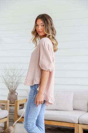 Balloon Sleeve Button Back Ruffle Top - Natural