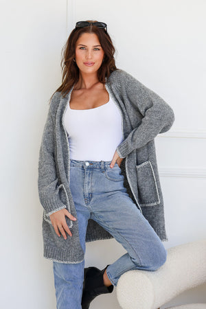 Blanket Stitch Pocket Cardigan - Grey