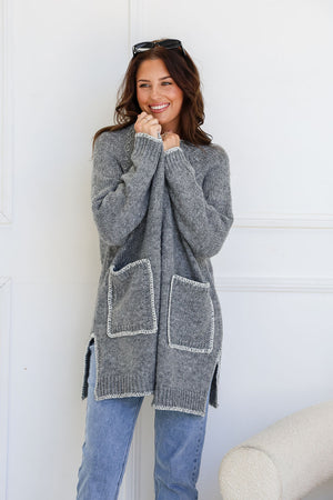 Blanket Stitch Pocket Cardigan - Grey