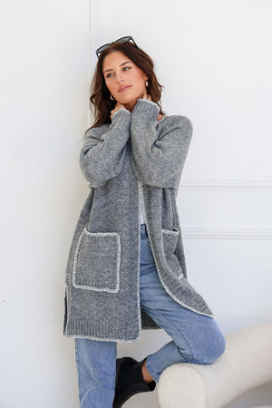 Blanket Stitch Pocket Cardigan - Grey
