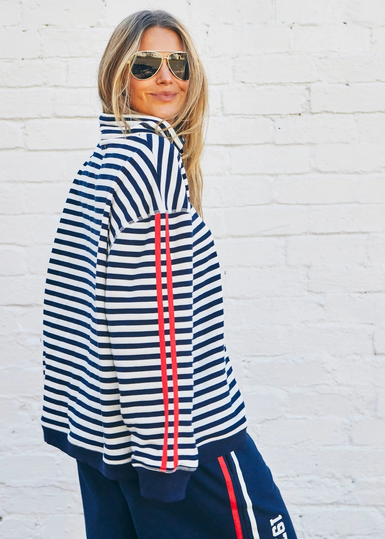 Retro Stripe Zip Sweat - Navy White