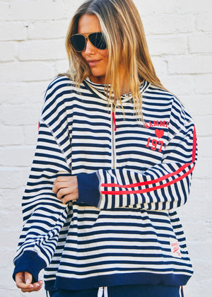 Retro Stripe Zip Sweat - Navy White