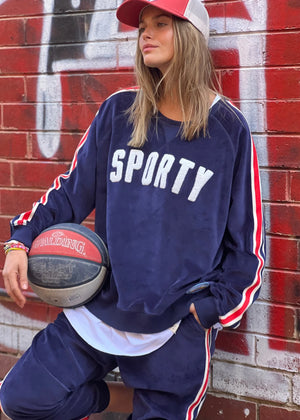 Sporty Velour Sweat - Navy