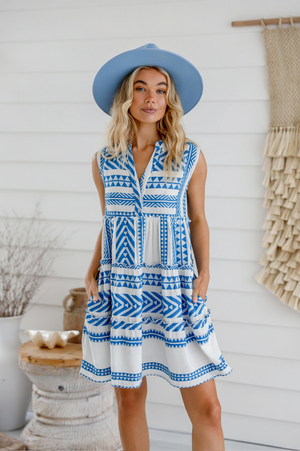 Sleeveless Mediterranean Dress - Cobalt White