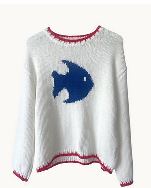 Gone Fishing Spring Sweater - White Red Blue