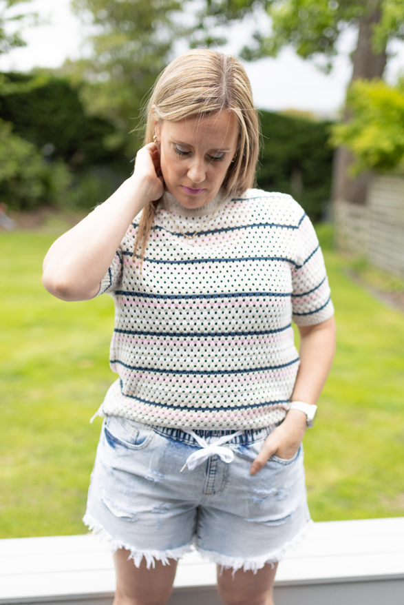 Retro Crochet Stripe Tee - Latte