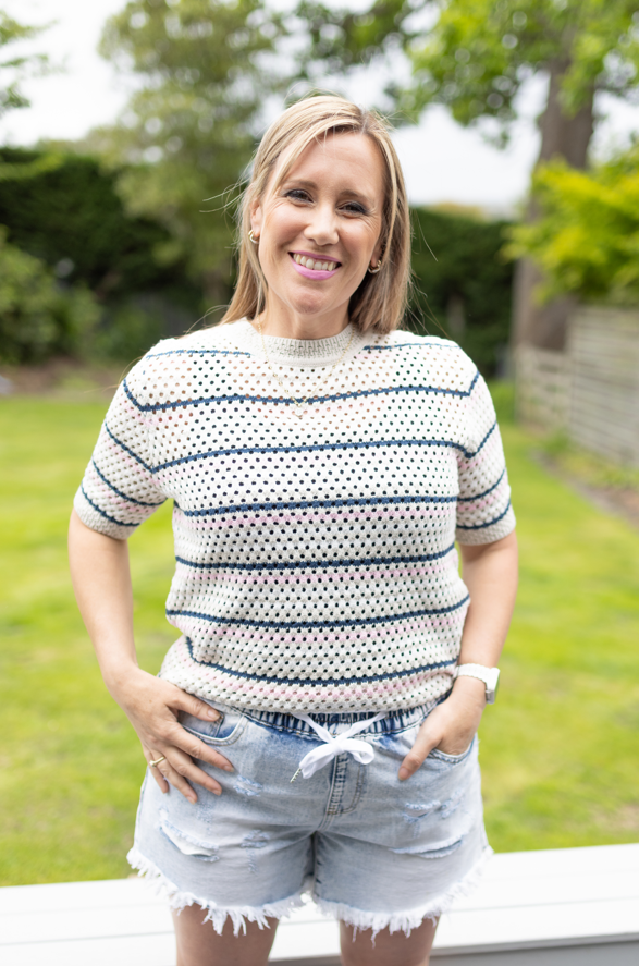 Retro Crochet Stripe Tee - Latte