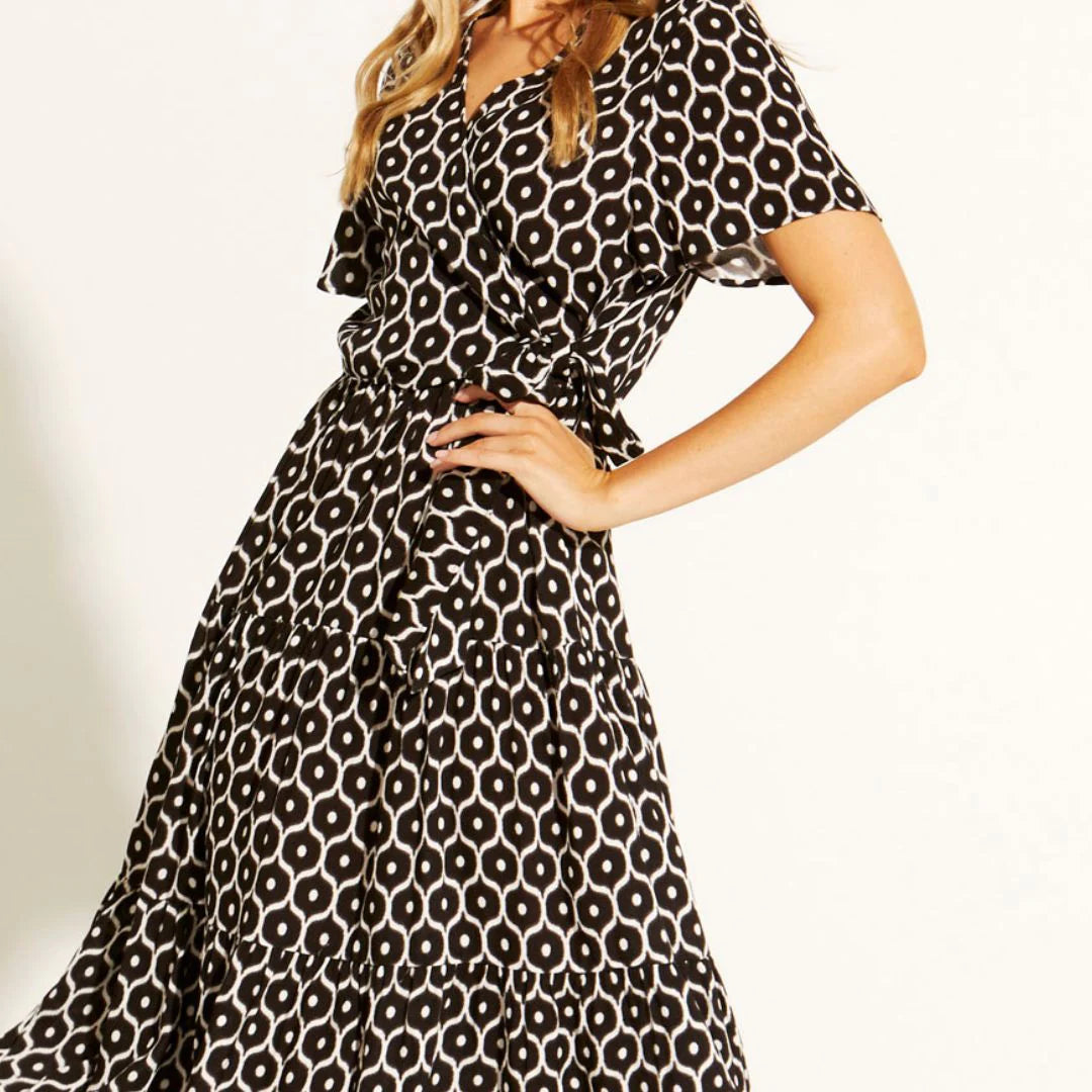 Levitating Wrap Front Dress - Black Geo