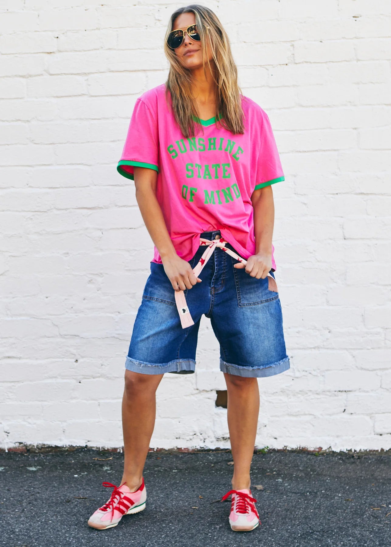 Sunshine State of Mind Ringer Tee - Pink Green