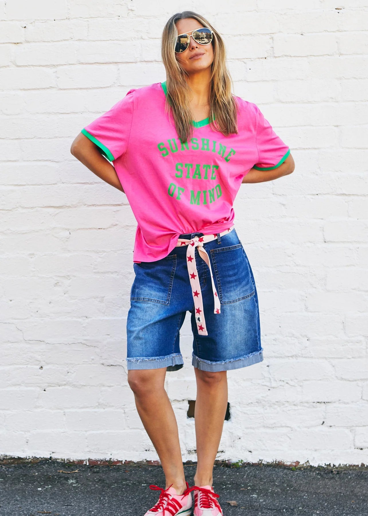 Sunshine State of Mind Ringer Tee - Pink Green