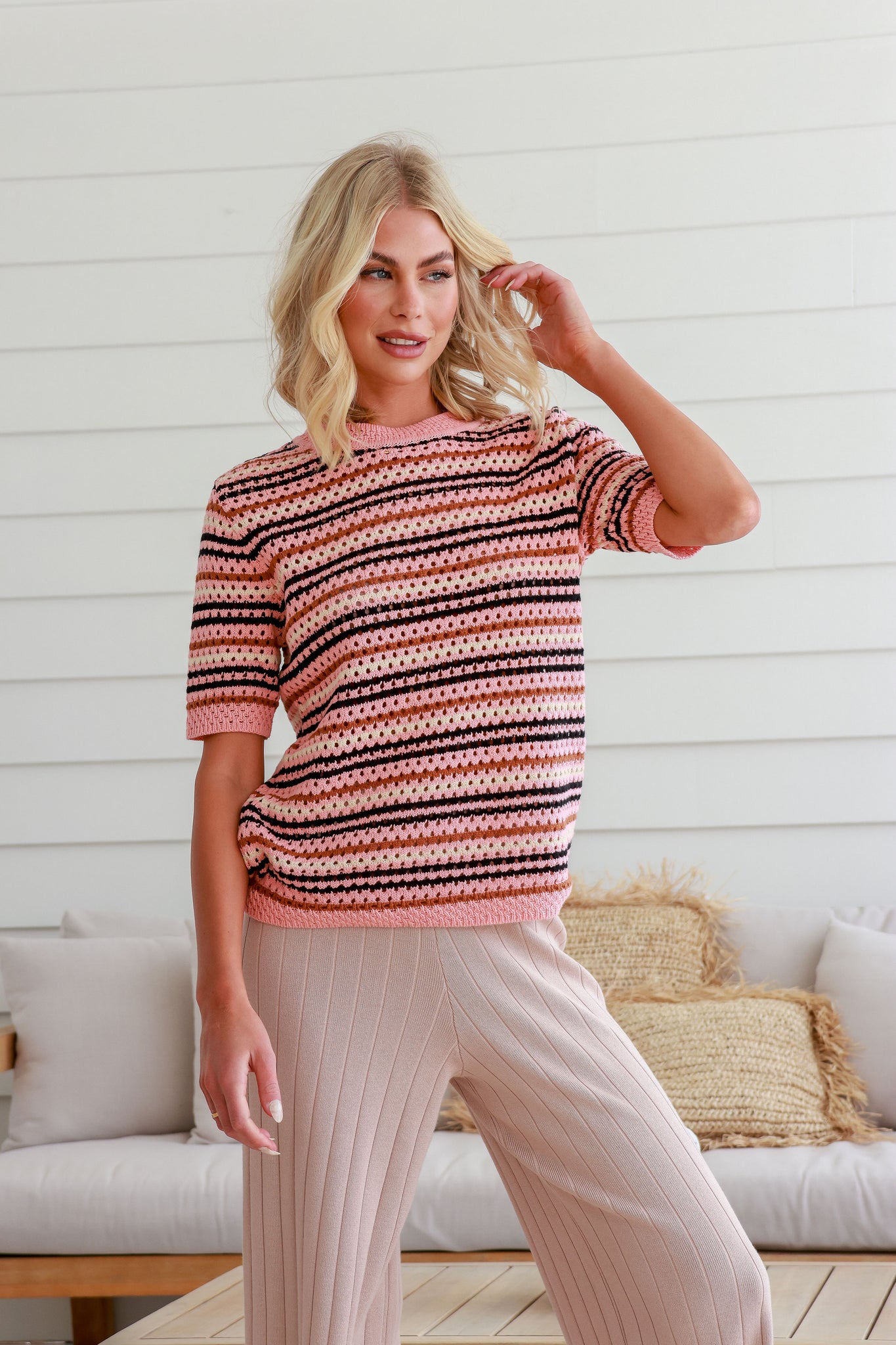 Retro Crochet Stripe Tee - Pink