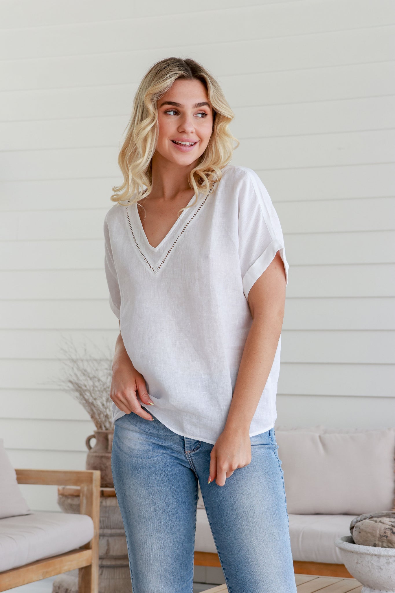 Carnival Linen V Neck Top - White