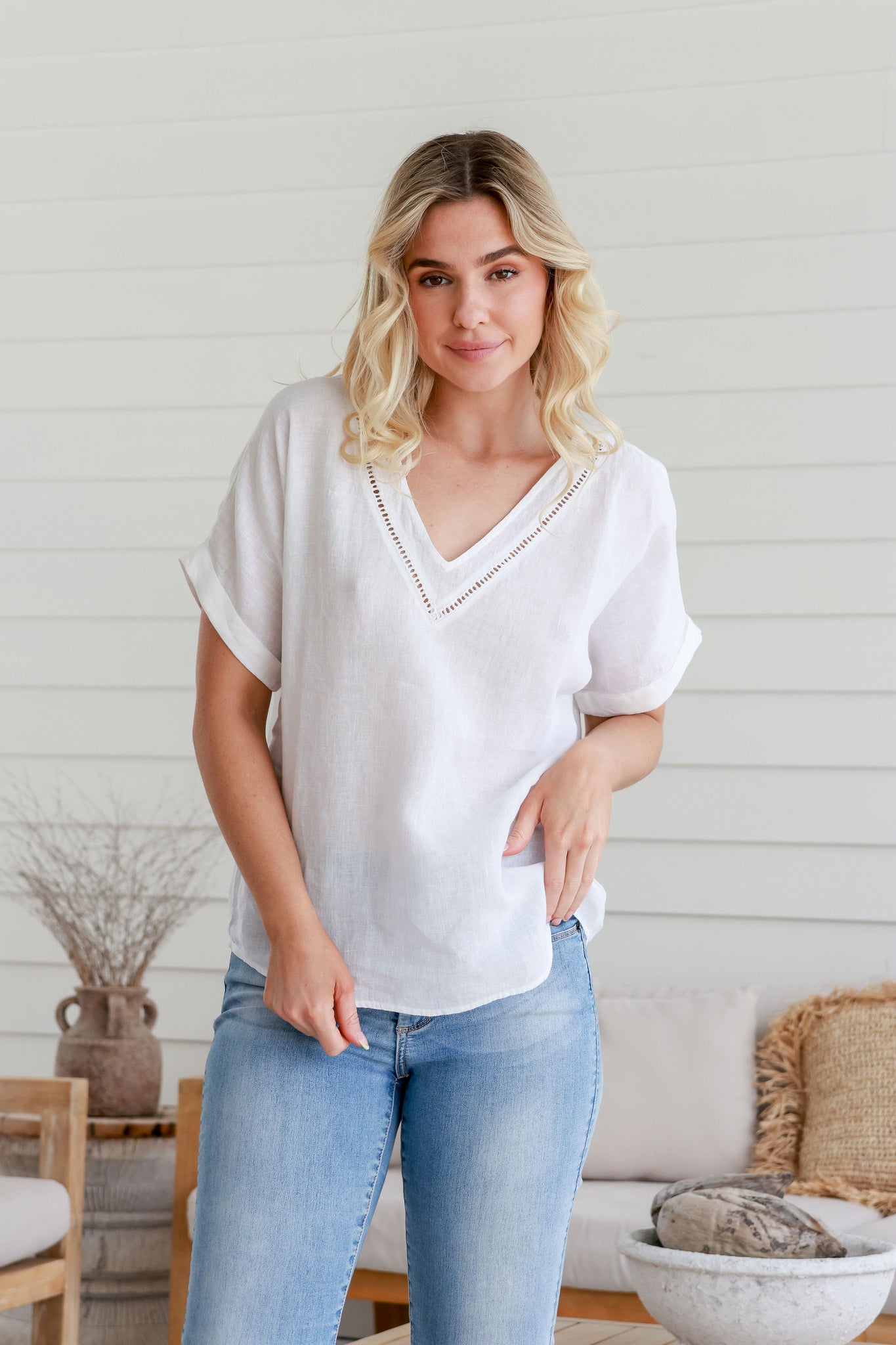 Carnival Linen V Neck Top - White