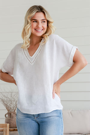 Carnival Linen V Neck Top - White