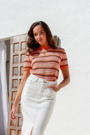 Retro Crochet Stripe Tee - Orange