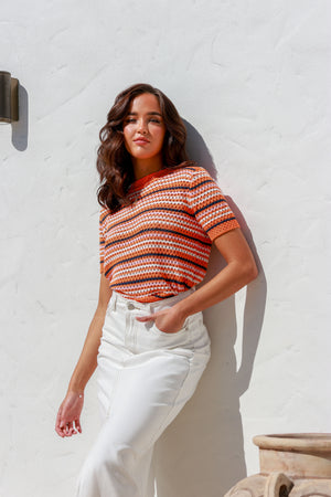 Retro Crochet Stripe Tee - Orange