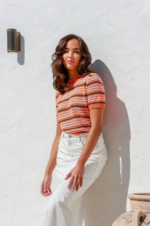 Retro Crochet Stripe Tee - Orange