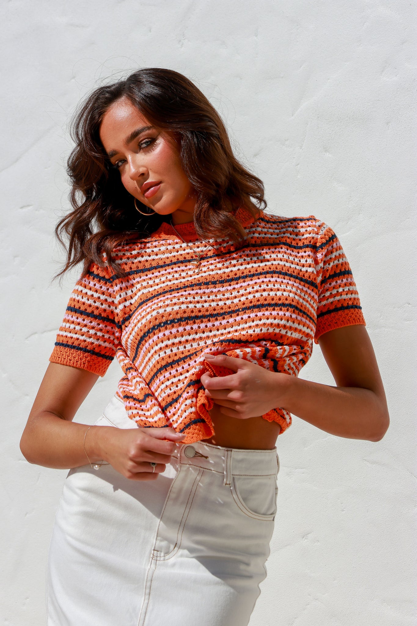 Retro Crochet Stripe Tee - Orange