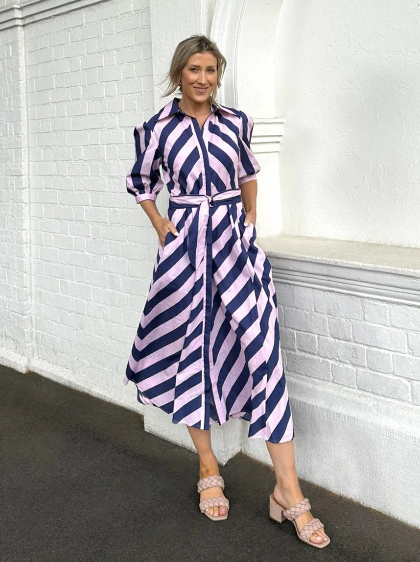 Bianca Dress - Navy Pink Stripe