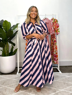 Bianca Dress - Navy Pink Stripe